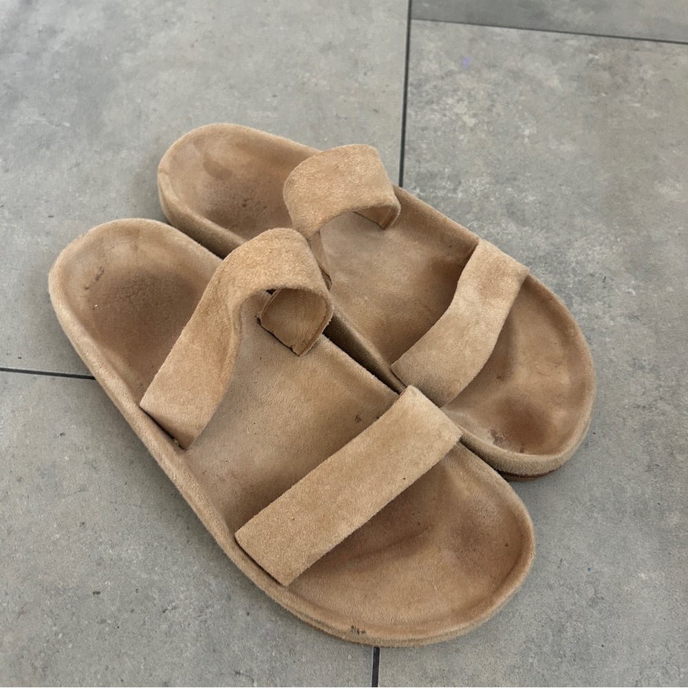 lauren manoogian tan suede leather slip on slide sandals 7.5